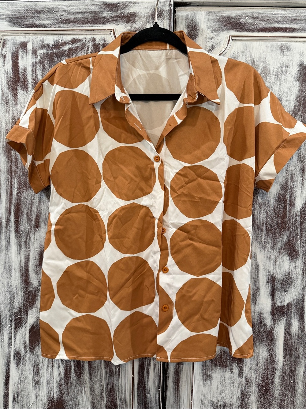 Womens Brown Polka Dot Button-Up Shirt